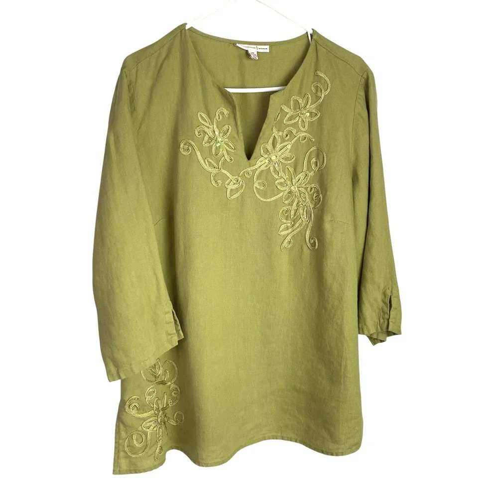 JM Collection Woman 100% Linen Tunic Top Womens 16W Green Beaded 3/4‎ Sleeve